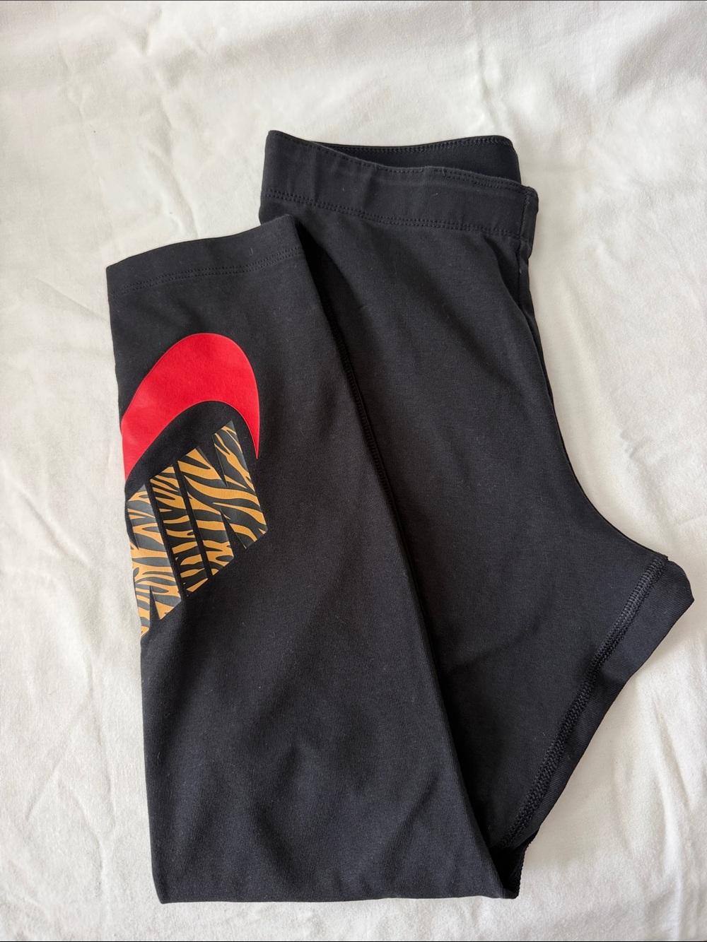 Nike Black Leggings with Red Swoosh and Gold Tiger Print